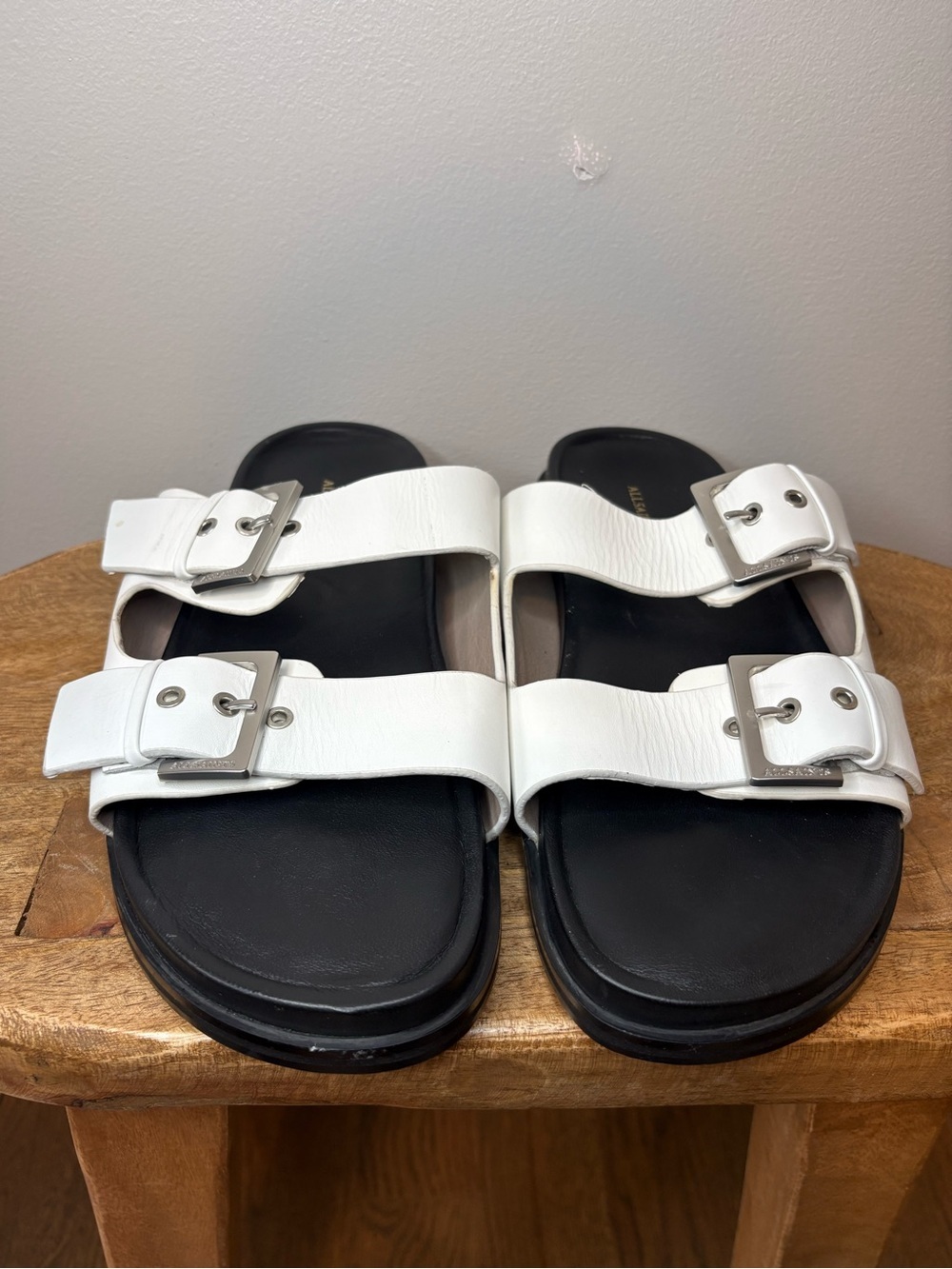 AllSaints Mia Double Strap Slide Sandals Chalk White Black Leather NWT Size 11